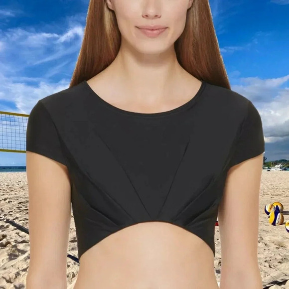DKNY SWIM Gym Womens Cropped Beach Bikini (and Play) Top Black Size Medium NWT - Picture 1 of 12